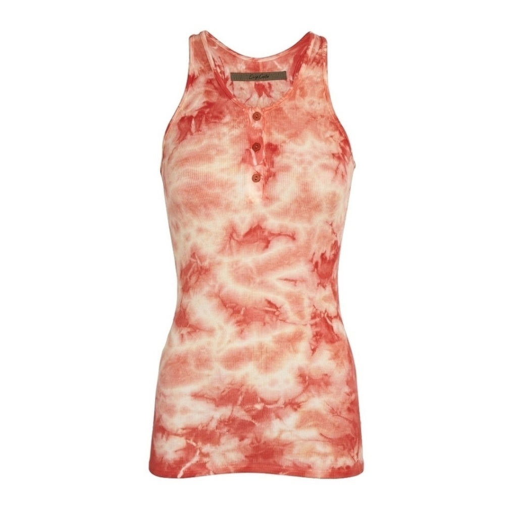 ENZA COSTA Orange Tie Dye Henley Tank Top Ribbed Stretch Small Long Line